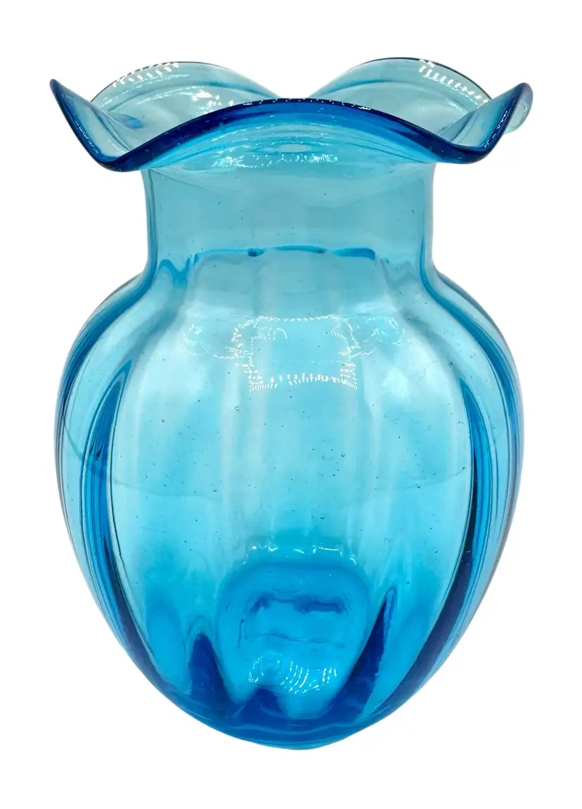 Vintage Hand Blown Art Glass Melon Vase Blue Optic Ruffle 5.5”
