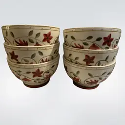 WORLD MARKET Ceramic RED FLOWER LEAF Off White Bowls         Set Of 6