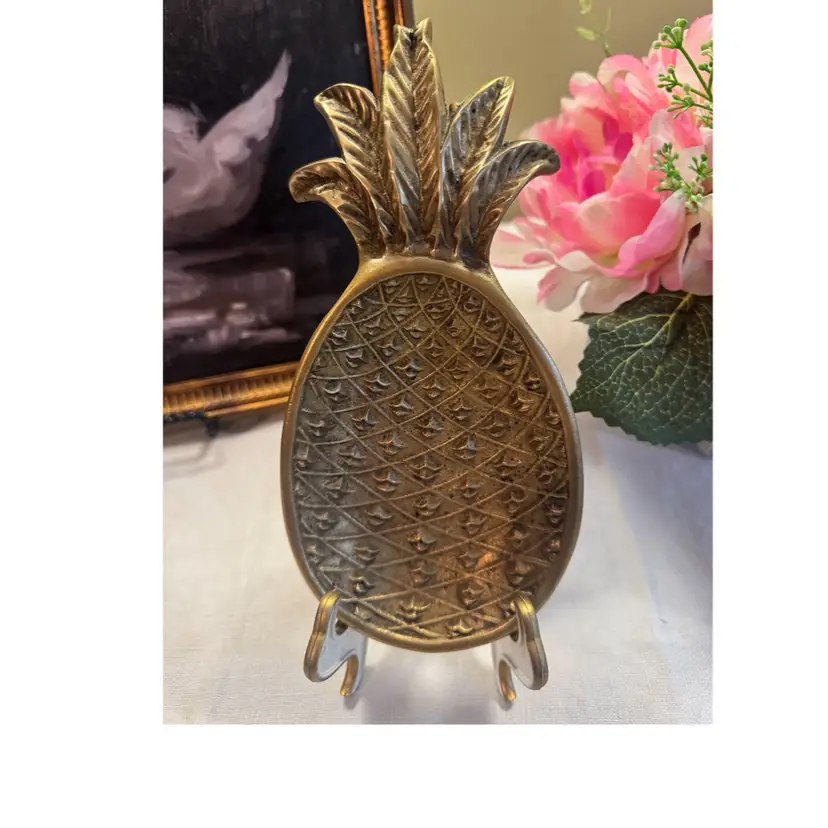Solid Brass Pineapple Trinket Dish | 8” Catchall Tray | Hollywood Regency Decor