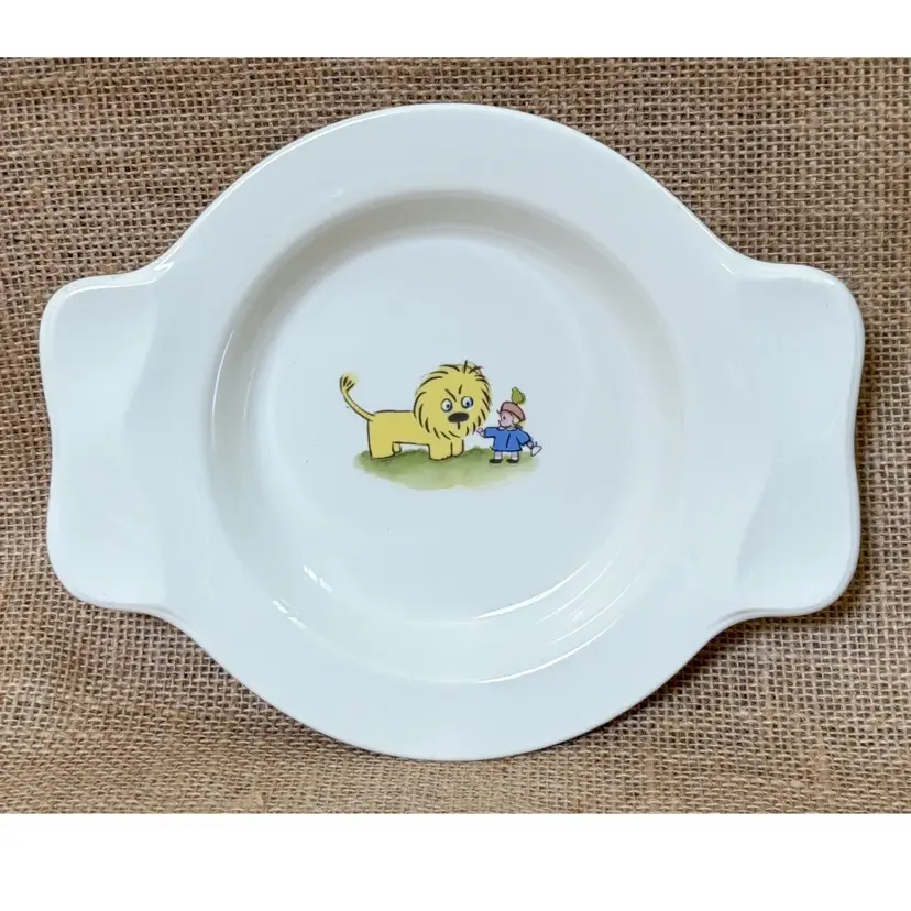 Vintage Ceramic Childs Plate Deep Dish w Handles Boy Lion Fairy Tale Whimsical