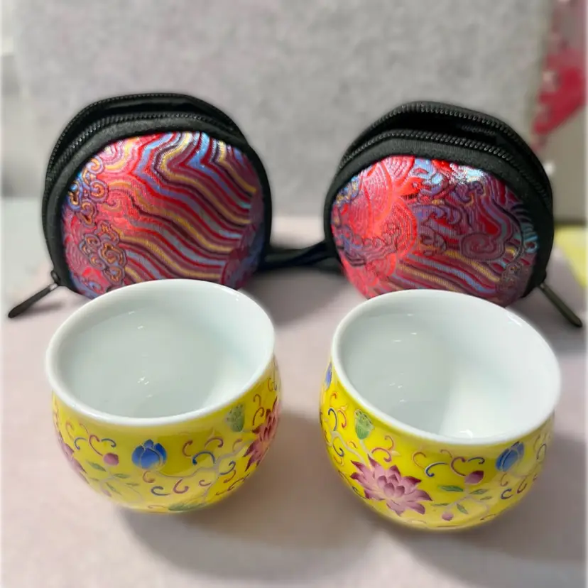 Set of 2 Vintage-Style Chinese Yellow Falangcai Enamel Lotus Porcelain Teacups with Zippered Silk Brocade Travel Cases