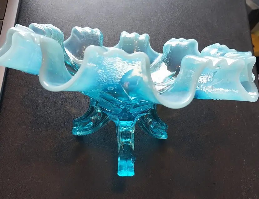 EAPG Dugan Glass Blue Opalescent Blue Daisy & Plume Crimped, Ruffled, 3 Toed Bowl