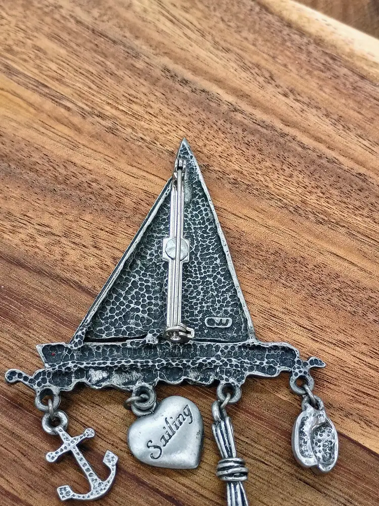JJ Jonette Jewelry Sailboat Pin Brooch With Charms Silver Pewter Sailing Theme