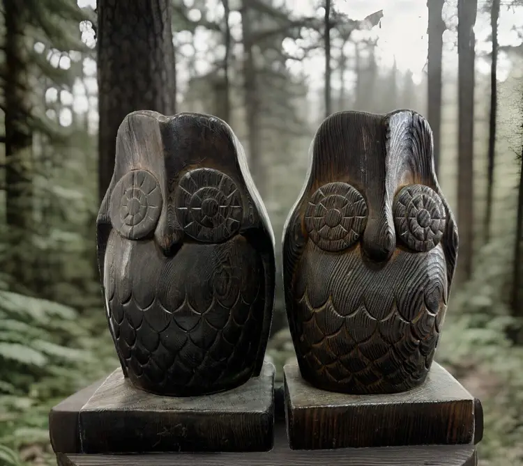 VINTAGE FOLK ART WOOD CARVED OWL BOOKENDS