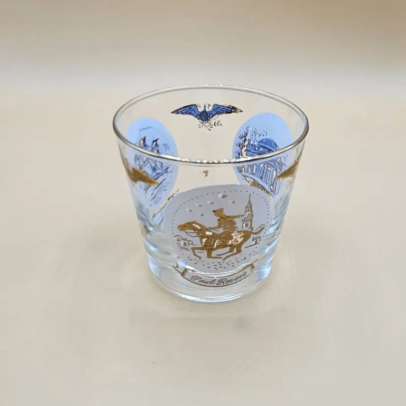 Libbey Paul Revere, Monticello, Old Ironsides Rocks Glass, Some Gold Loss