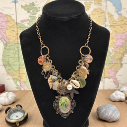 Mermaid Pendant and Seashells Nautical Charms Antiqued Gold Tone Necklace by efm