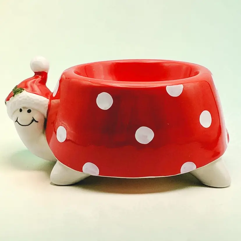 Turtle In Santa Hat Fitz & Floyd Votive Candle Holder Red With White Dots No Top