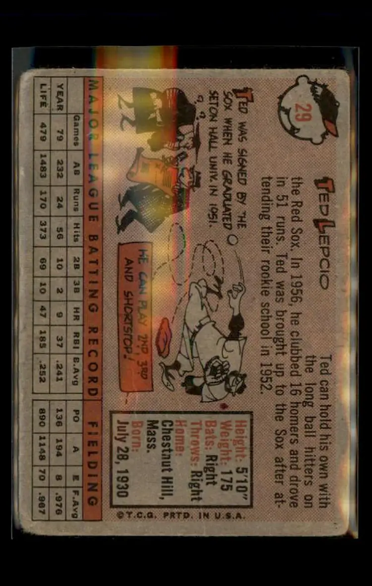1958 Topps #29 Ted Lepcio - (pk4) - Boston Red Sox