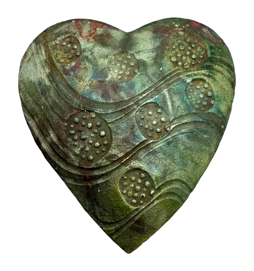Signed Raku Studio Art Pottery Heart Wall Hanging Green Wave Pattern 4.5”