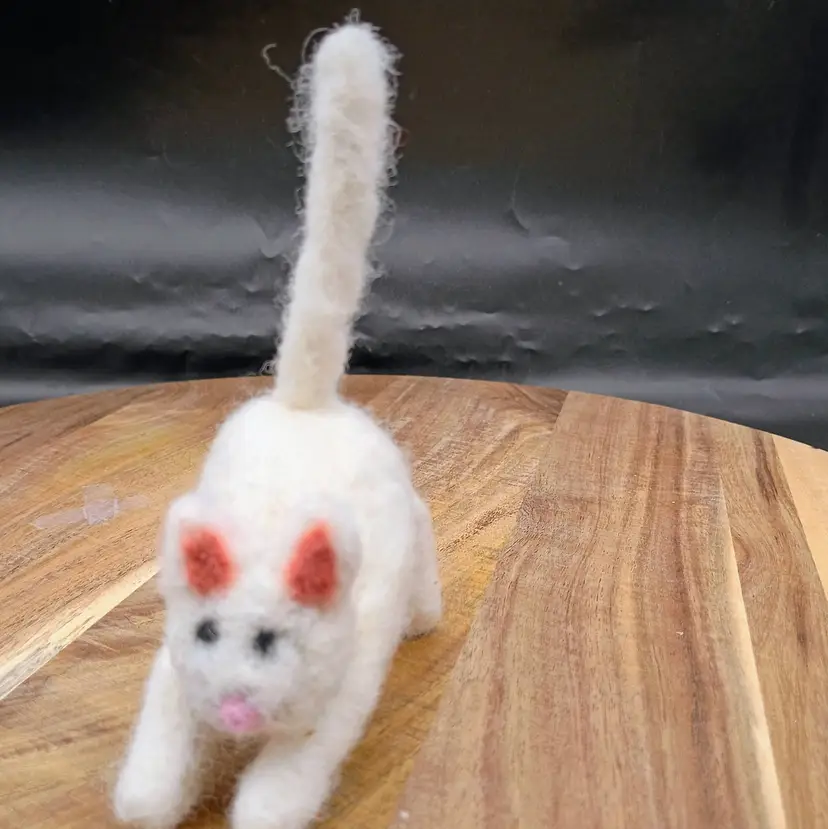 Small Handmade Felted White Cat Figurine 4" Tall