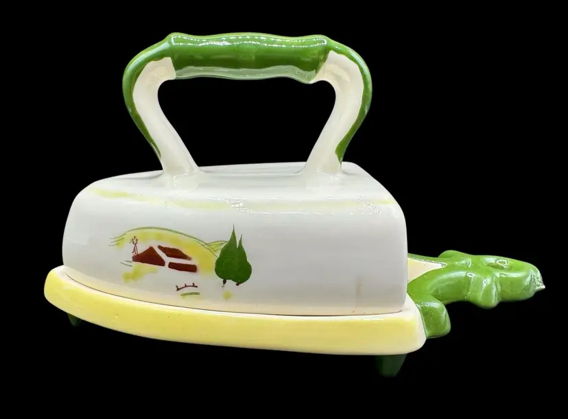 Vintage Brock of California Farmhouse Pottery Covered Butter Dish Clothing Iron