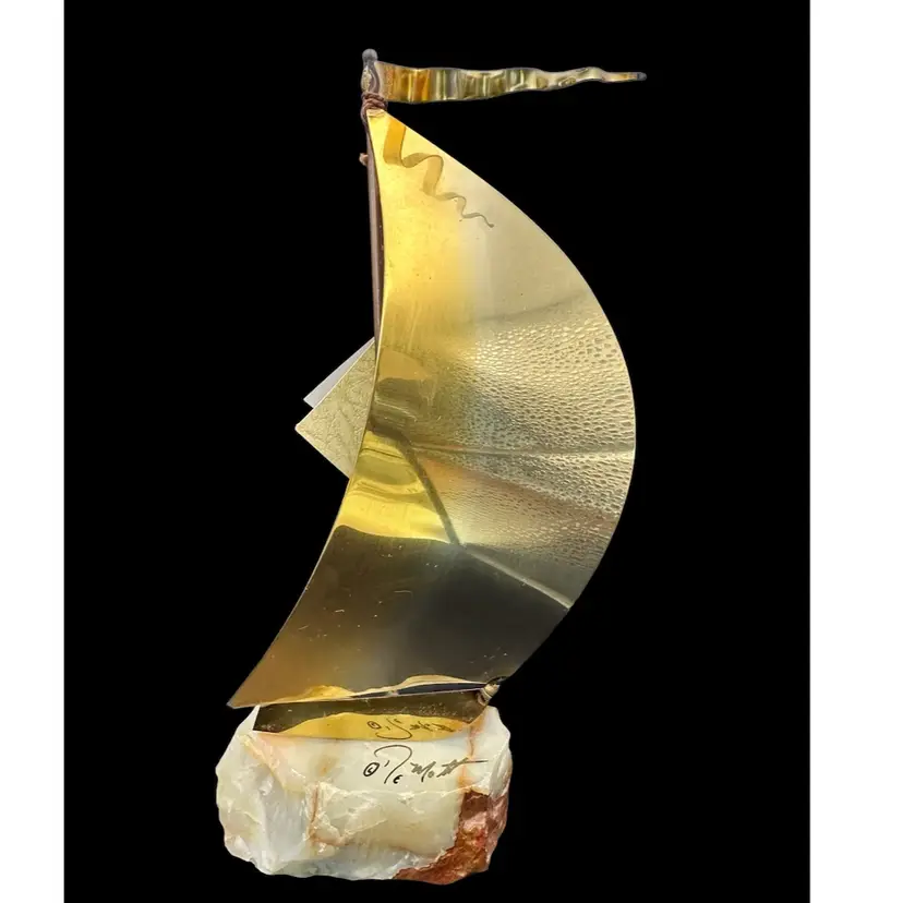 Vintage DeMott Brass, Copper And Steel Sailboat Sculpture Mounted On Onyx - Signed, Original Hang Tag