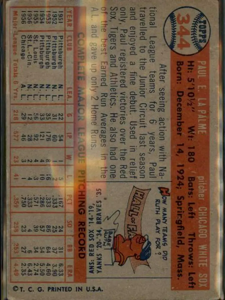 1957 Topps #344 Paul LaPalme - ( pk1 ) - Chicago White Sox