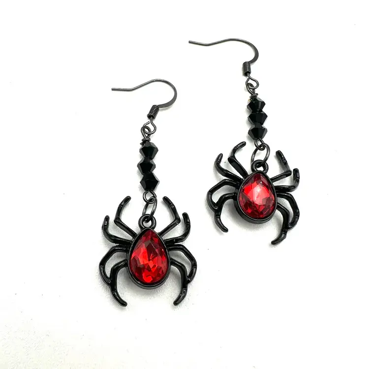 Spider Charm Dangle Earrings Black Red Handmade 2.25” x .75”