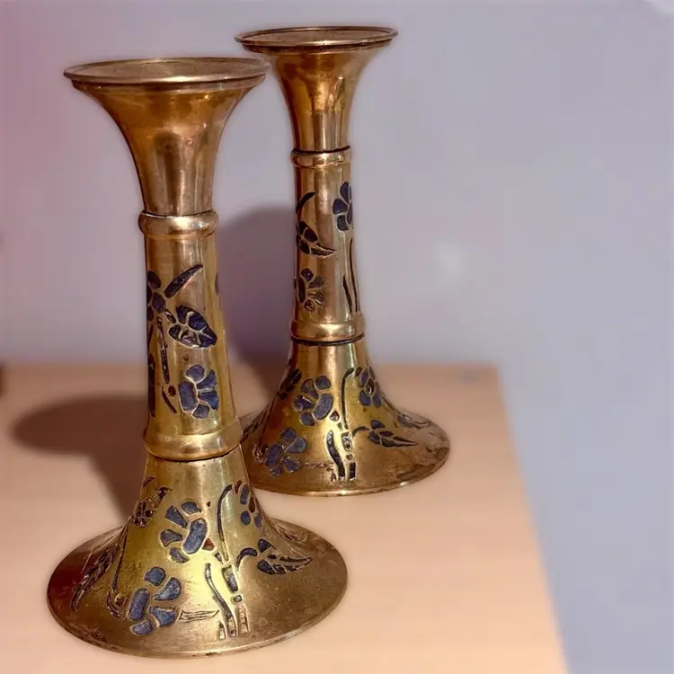Vintage Rosenthal Netter Inlaid Enamel Flower Ornate Brass Candlesticks