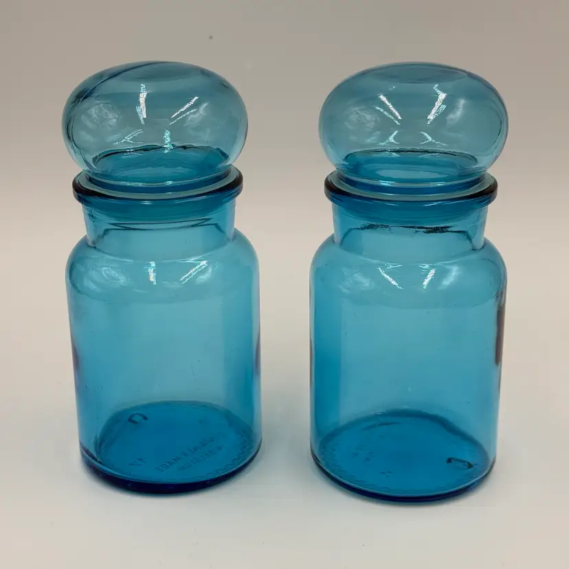 Belgium Vintage Apothecary Blue Glass Jars Canisters W/ Bubble Lids Set Of Two