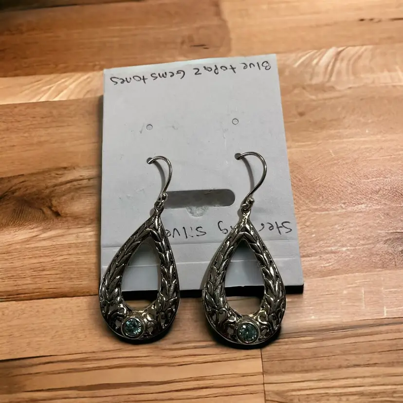 Sterling Silver Tear Drop Dangle Earrings w/ Blue Topaz gemstone Pierced