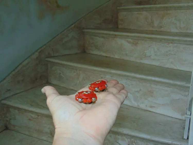 Vintage Gold Tone Orange Colored Lucite Large Center Clip On Earrings W. Germany