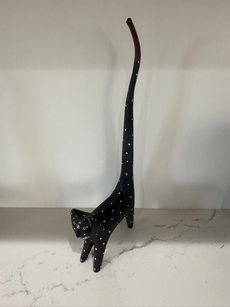 Hand Carved Wooden Black Polka Dot Cat 13”