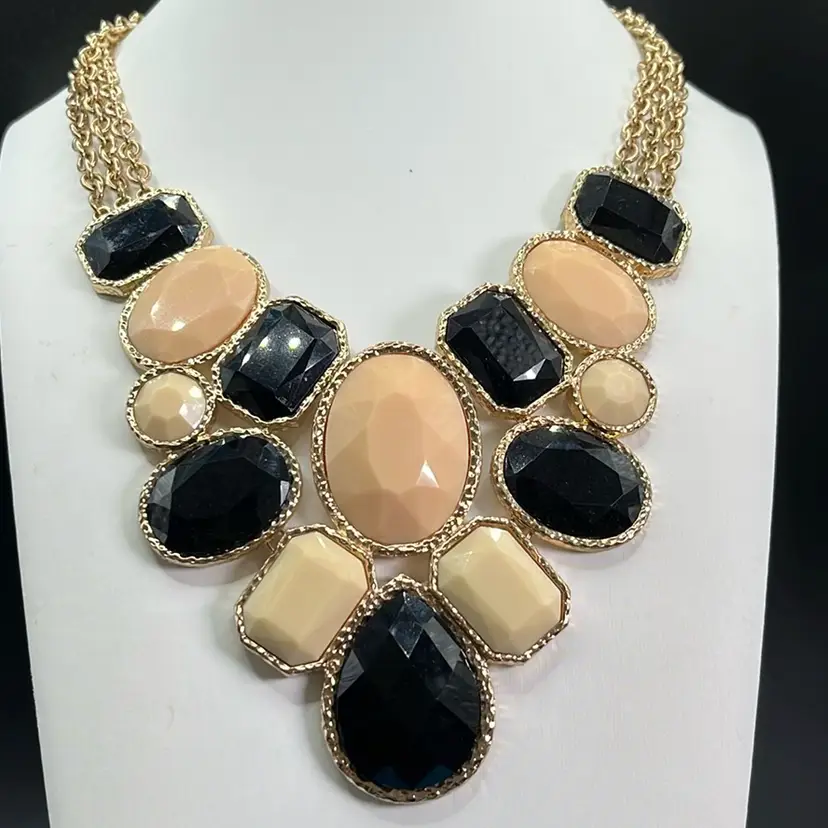 Gorgeous Statement, Necklace In Custard, Black, & Gold, Double Chain, Lobster Clasp 20” Long