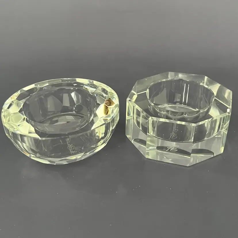 New! Two OLEG CASSINI Signed Crystal Votive Candle Holders- Octagonal And Multifaceted