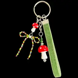 Handmade By Me - Glass Mushroom Charm And Green & Red Seed Bead Bow Keychain With Velvet Ribbon, Handmade Mushroom Keychain, Handmade Mushroom Bag Charm, Glass Mushroom Charm, Seed Bead Bow Charm, NN Artist, Handmade Keychain, Handmade Bag Charm, Glass Mushroom Bag Charm With Velvet Ribbon