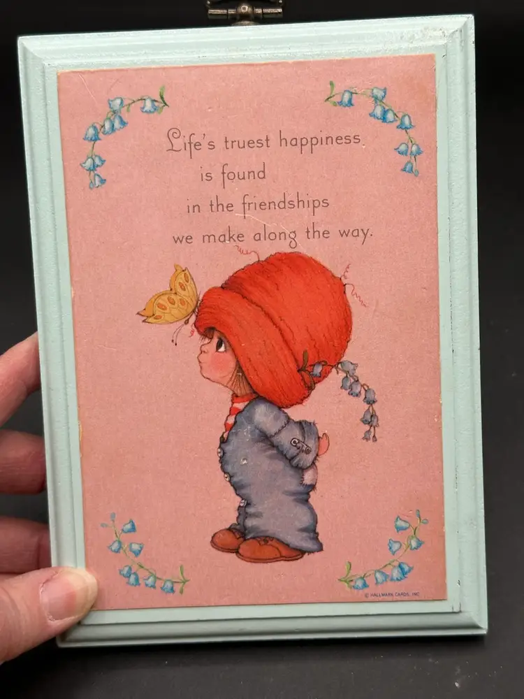 Vintage Hallmark Wall Plaque Friendship Blue Wood Girl Cartoon 70s 80s Style