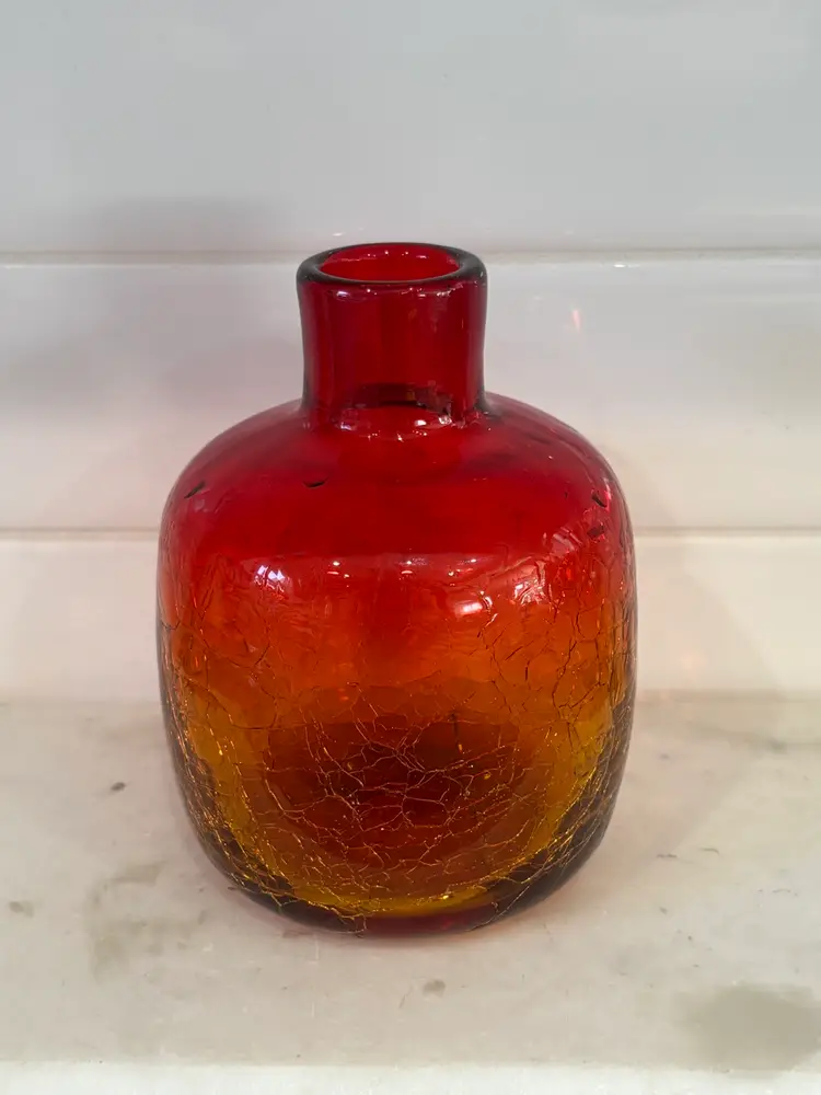 Vintage MCM Glass Candle Holder/ Vase Tangerine Crackle
