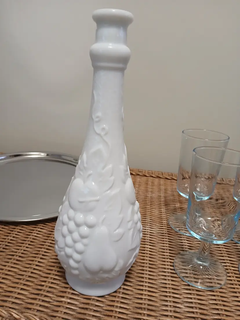 Vintage Milk Glass Decanter with Fruit Motif