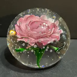 Pink Rose Controlled Bubble Paperweight *Glows* ~2.5” x 3” diameter