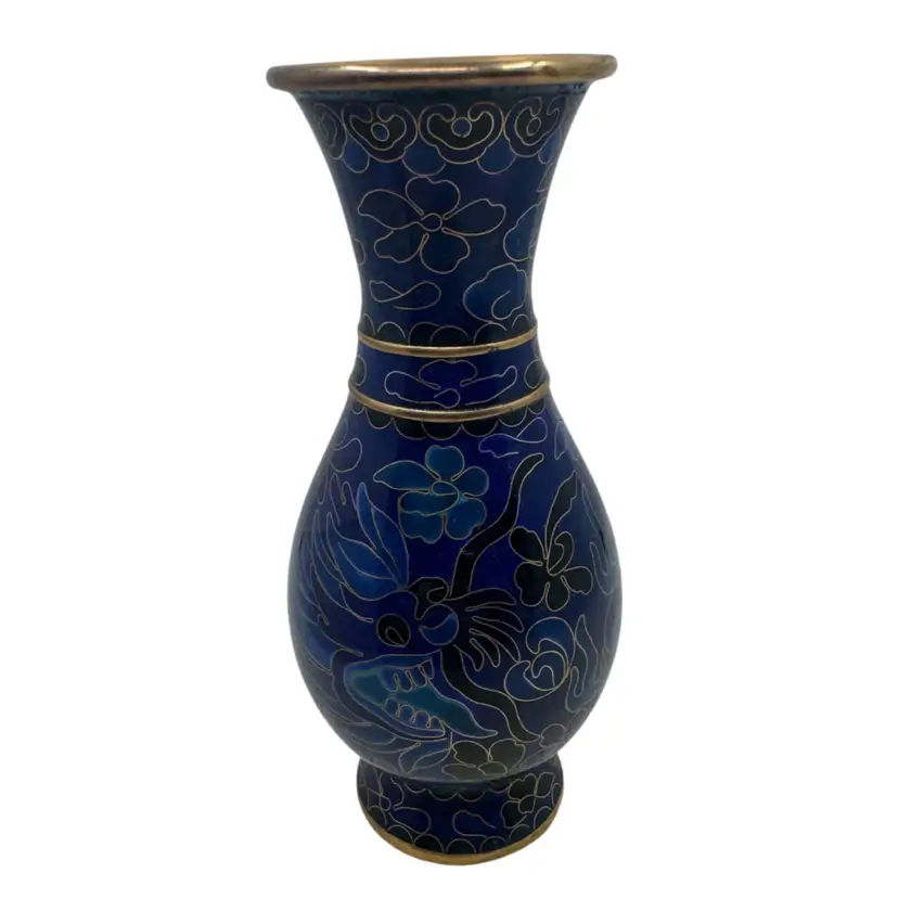 Vintage Chinese blue cloisonné vase with dragon and floral motifs.
