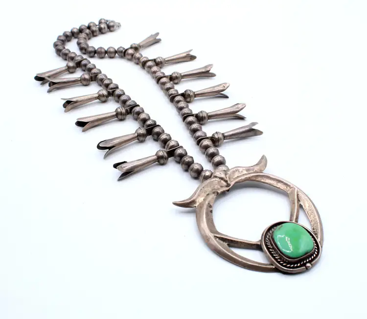 Vintage sterling silver handmade Navajo pearls and turquoise Naja pendant  22" necklace 162g