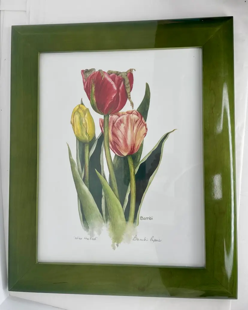 Bambi Papais Art Print Signed Framed “After The Feed” Tulips Whimsical Frog