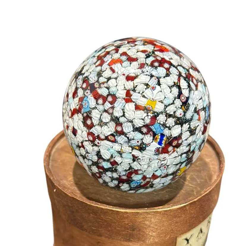 John Gentile Art Glass Paperweight Crystal Clear Glass Cased Exterior, Complex Small Multicolor Interior Millefiori Canes - Stamped Gentile Glass Star, WV With Image Of Glassmaker - Magnum Paperweight - 4”