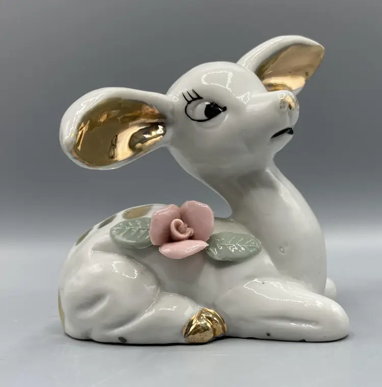 White Ceramic Porcelain Deer Figurine Big Ears Pink Rose & Gold Trim - Vintage