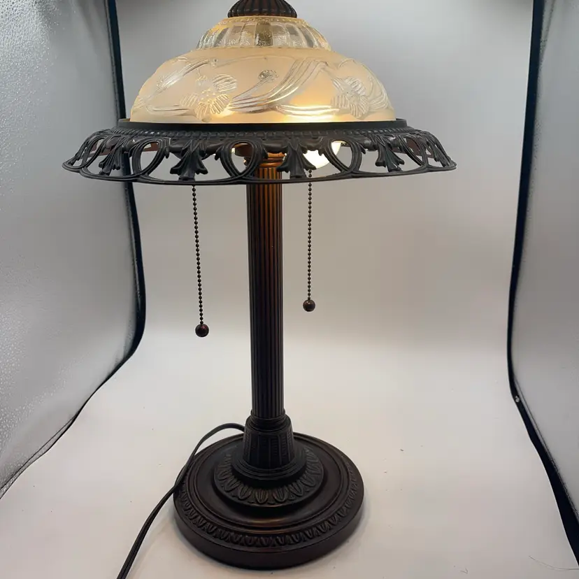 Desk Lamp, Antique Brass Finish Glass Shade Double Light Bulb 21 Inches