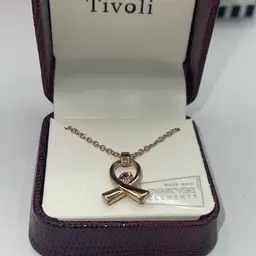 Pink Breast Cancer Awareness Ribbon Necklace made w/ Swarovski Elements Gift Box