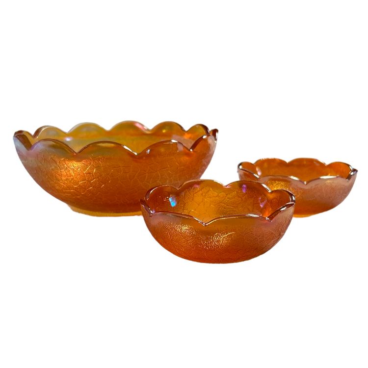 Jeanette Carnival Marigold Crackle Iridescent Pressed Glass Bowls