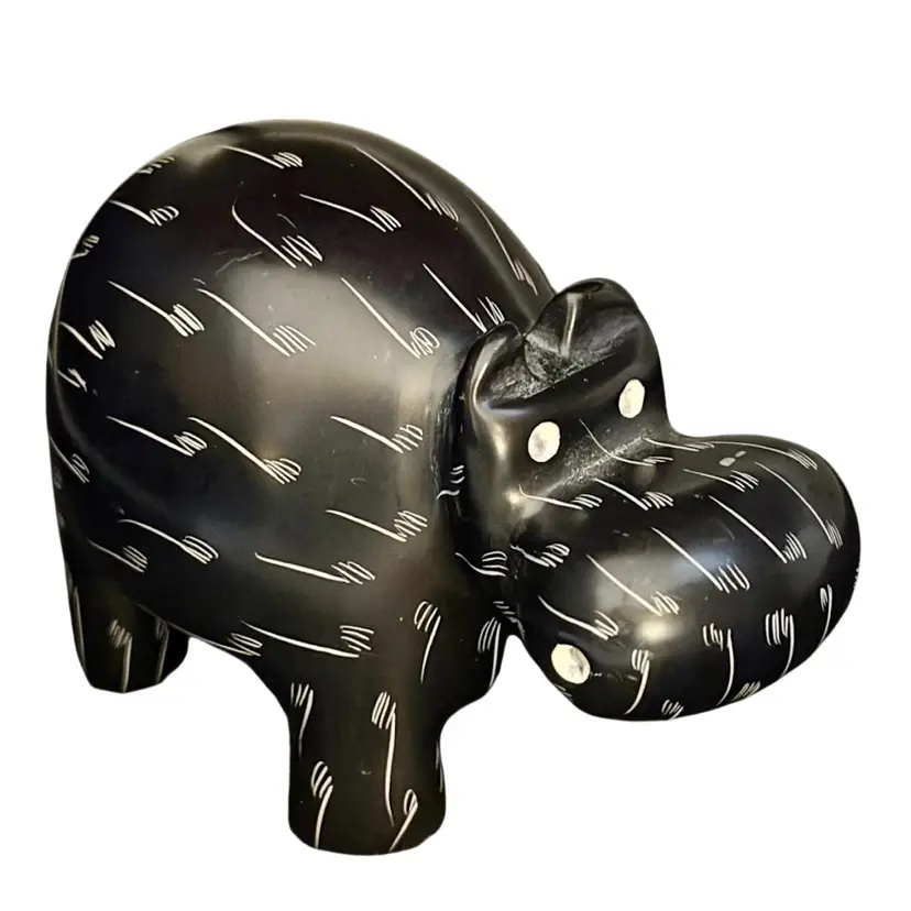 Figurine Hand Carved Kenya Polished Soapstone Hippo Mini Sculpture Black and Tan African Folk Art
2-1/2” T x 3-3/4” L x 2’ W