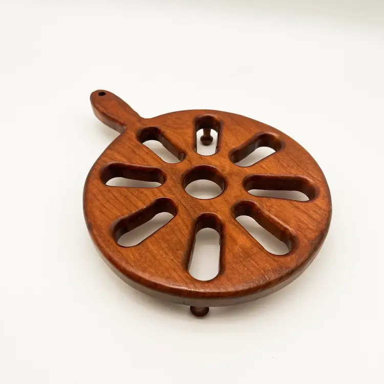 Vintage Wood Footed Trivet - Round, Handled, Dining Serveware Kitchen MCM Home