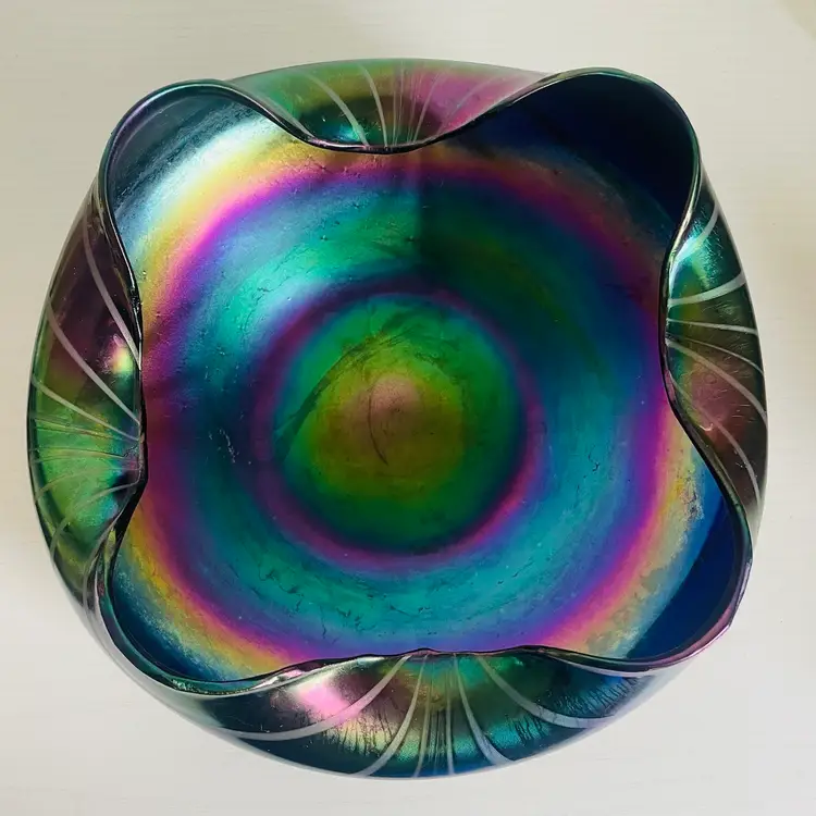 Loetz or Rindskopf Iridescent Line Carnival Cobalt Glass Centerpiece Bowl