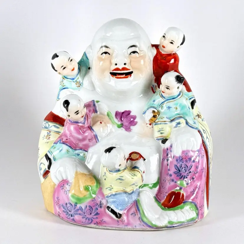 Chinese Laughing Buddha & 5 Children Figurine, Hand-Painted Famille Rose Porcelain, Feng Shui Fertility Good Fortune