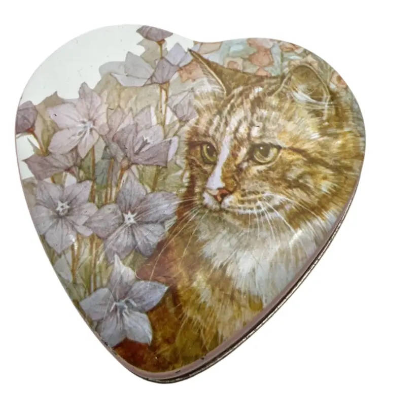 BIN - Vintage Enesco Heart Shaped Cat Tin 3.75”