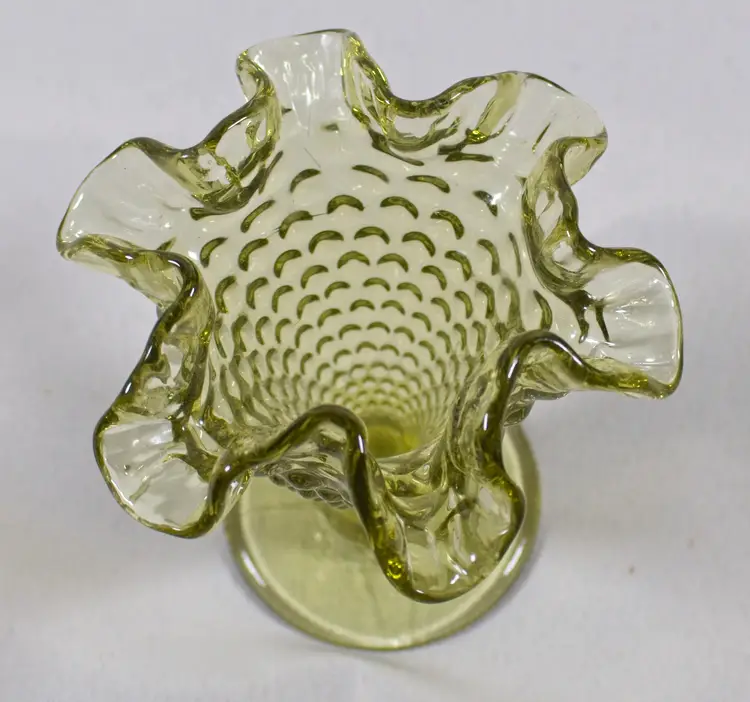 Vintage Fenton Green Hobnail Ruffle Top Pedestal Vase 4" Tall