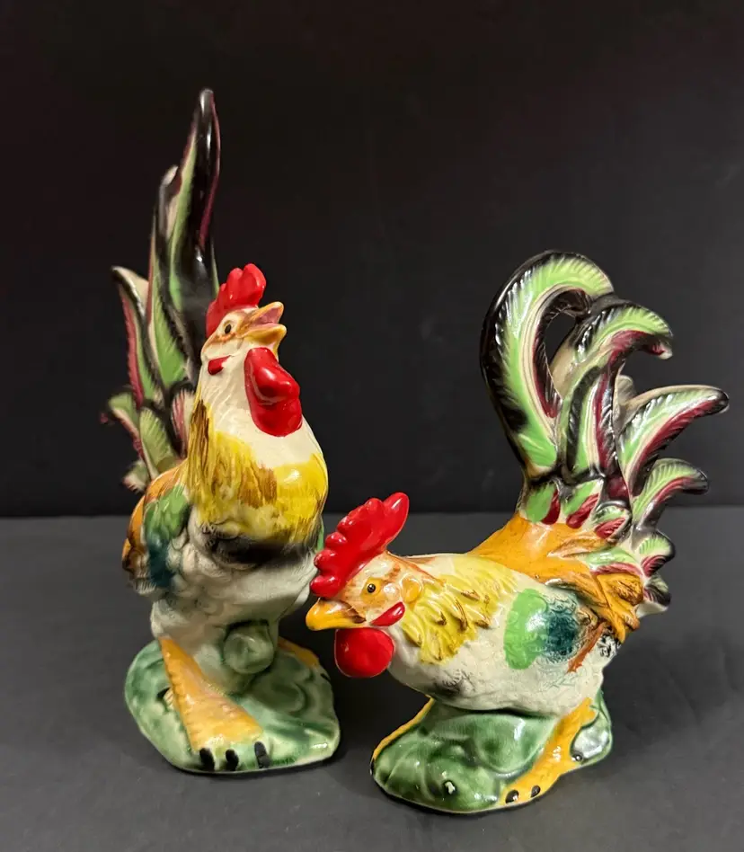 Vintage Antique Ceramic Rooster Figurine Japanese Made 8" And 6" 2 Pieces