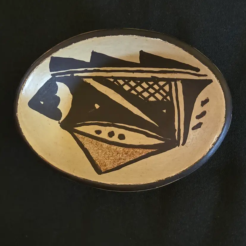 Studio Art Pottery Trinket Dish Bowl Oval Hand Painted 4" Long Unreadable Signature Ceramic