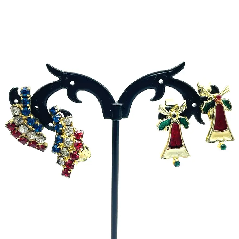 Clip On Earrings Gold Tone Red White Blue Curve Rhinestones and Christmas Bells 17713