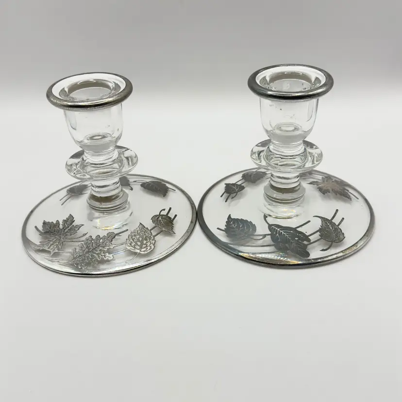 Vintage 1960’s Glass Candle Holders with Metal Leaf Accents, Elegant Home Decor, By Silver City, Made in Taunton, MA
