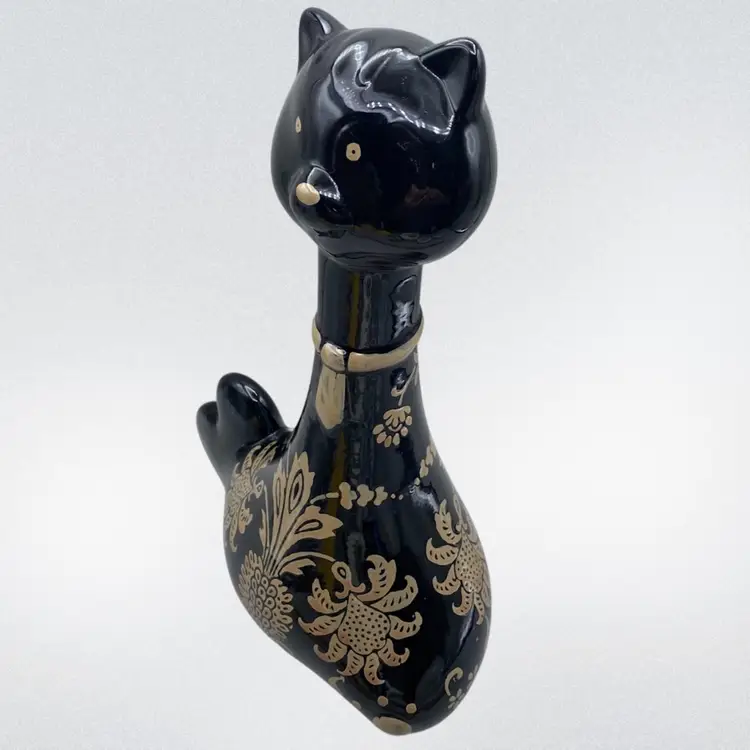 Vintage Cat Figurine Porcelain Black Tan CottageCore Granny Retro