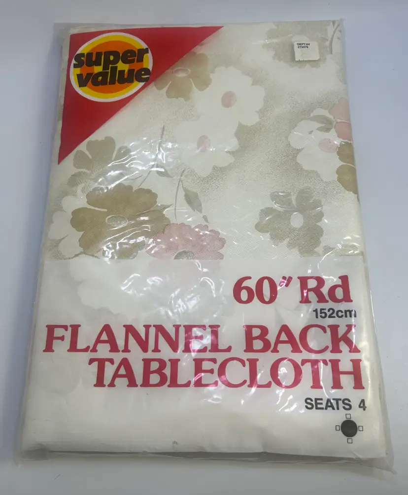 Vintage New Old Stock Super Value 60" Flannel Back Round Flower Design Tablecloth